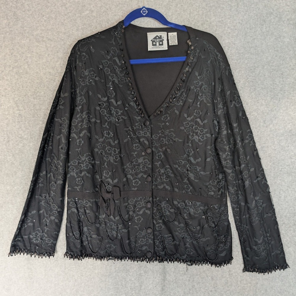 Storybook Knits Shiny Cascade Cardigan‎ Black Lace Beaded Sequin Size 1X Gothic